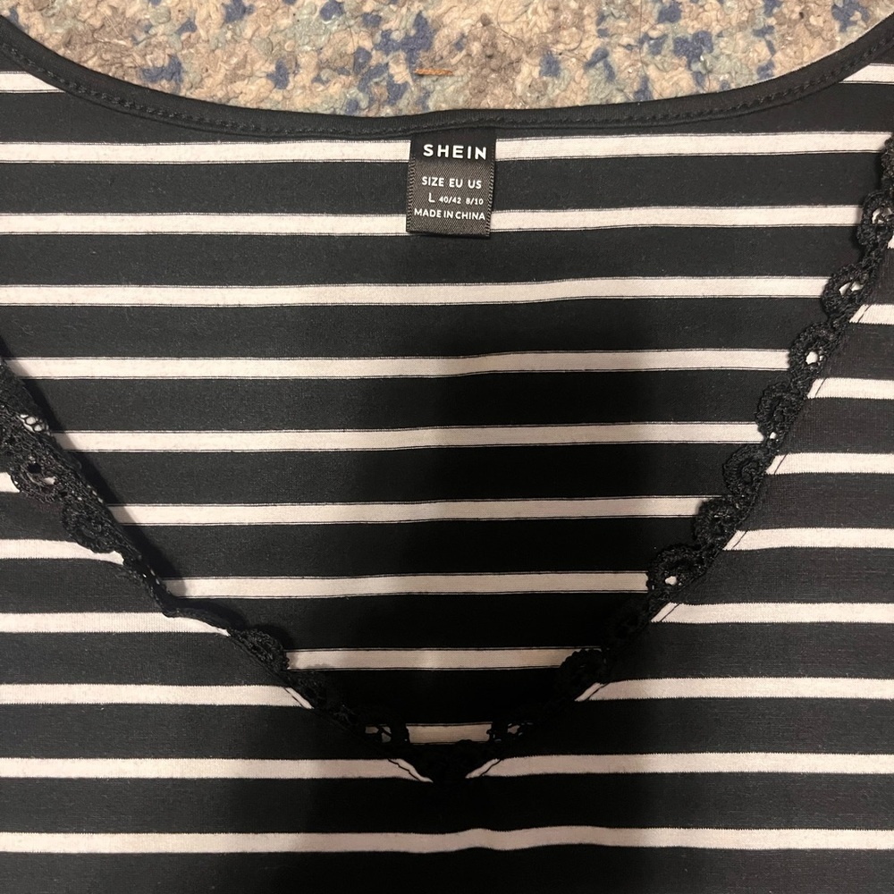 SHEIN Black & White Striped Lace Trim Tee Women's Large - Picture 2 of 2
